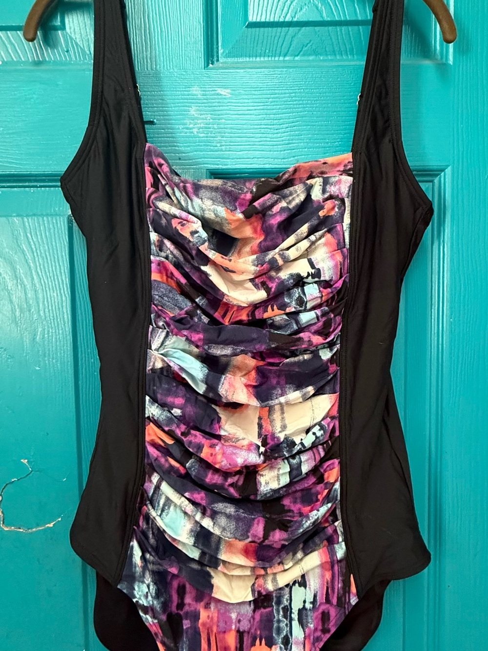 Calvin Klein Black One-Piece Swimsuit with Multicolor Ruched Front